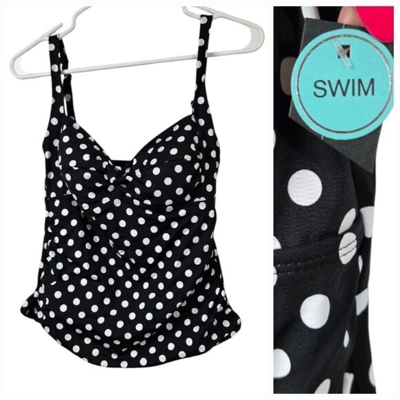 Women's Apt. 9 Twist Front Tankini Top Black White Polka Dots NWT Beach Swimsuit - Picture 1 of 13